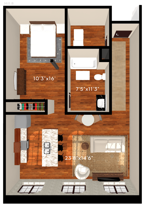 Floor plan for 1 bed, 1 bath, 840 sqft